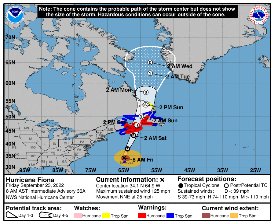 Figure 1: Hurricane Fiona forecasted track and strength through Wednesday