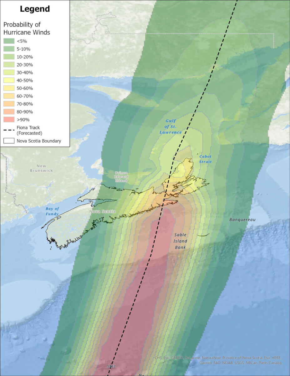Figure 2: Probability of hurricane-force winds in Nova Scotia (NHC 8 AM AST Advisory 36A)