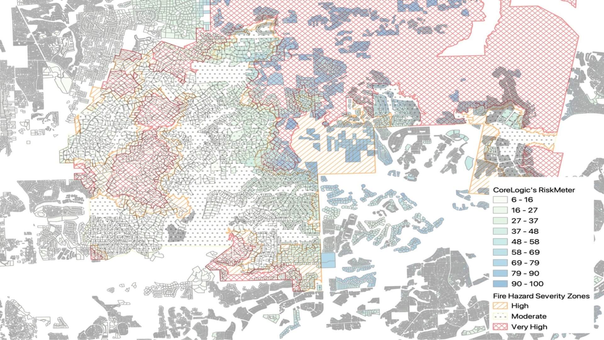 CoreLogic’s Wildfire Risk Score showing California Fire Hazard Severity Zones in San Diego County